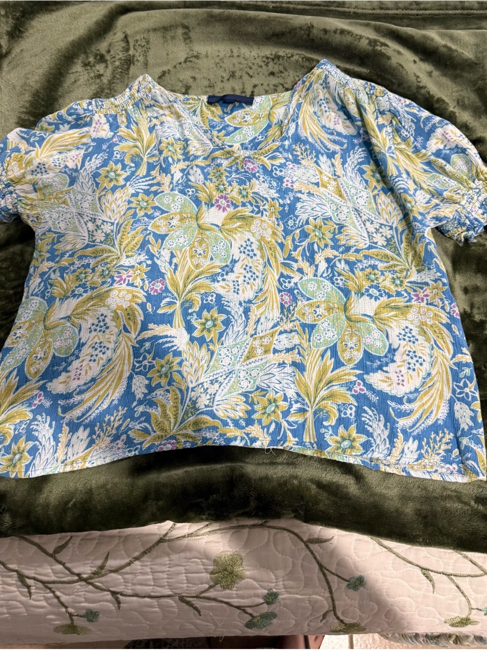 Rachel Zoe Blue Floral Short-Sleeve Blouse with Yellow Accents